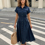 Navy Blue Belted Linen Blend Midi Shirt Dress