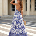 Blue Floral Print Spaghetti Strap Maxi Dress