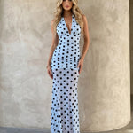 Light Blue Polka Dot Halter Neck Mesh Maxi Dress