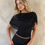Black Draped Cape Boat Neck Ruched Waist Blouse