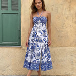 Blue Floral Print Halter Neck Tiered Midi Dress