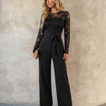 Black Lace Sleeve Bow Belt Wide Leg Jumpsuit