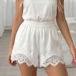 White Satin  Lace Trim High-Waisted Shorts