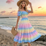 Rainbow Gradient Off-Shoulder Tiered Midi Dress