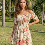 Floral Print Off Shoulder Short Sleeve Mini Dress
