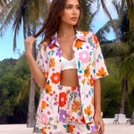Pink Floral Print Button Down Shirt And Shorts Two Piece Set