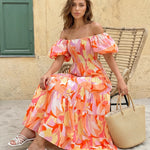 Floral Print Off Shoulder Puff Sleeve Tiered Maxi Dress