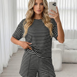 Black White Casual Ribbed Knit Relaxed Fit Short Set
