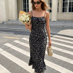 Black Floral Print Spaghetti Strap Midi Dress