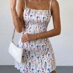 White Floral Print Square Neck Spaghetti Strap Mini Dress