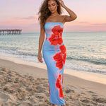 Light Blue Strapless Red Floral Print Maxi Dress