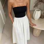 Black White Color Block Strapless Elastic Waist Flared Midi Dress