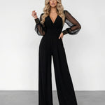 Black Sheer Mesh Sleeve Studded Cuff Slim Fit Long Jumpsuit