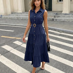 Navy Blue Belted Button Front Regular Fit Midi Shirt Dress