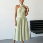 Light Green Halter Neck Bow Back Midi Dress