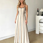 Cream Black Contrast Piping Spaghetti Strap Maxi Dress