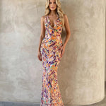 Multicolor Marble Print Halter Neck Mermaid Maxi Dress