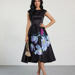 Black Floral Print Cap Sleeve Midi Dress