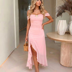 Blush Pink Off Shoulder Ruched Ruffle Slit Midi Dress