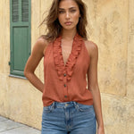 White Sleeveless Halter Neck Ruffle Trim Button Front Blouse