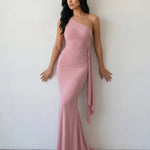 Pink One Shoulder Ruched Open Back Mermaid Maxi Dress