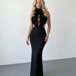 Black 3D Floral Halter Neck Cutout Lace Up Mermaid Maxi Dress
