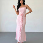Pink Satin Spaghetti Strap Ruffle Mermaid Maxi Dress
