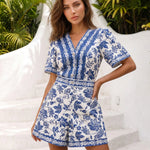 Blue Floral Print V-Neck Short Sleeve Romper