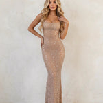 Nude Rhinestone Mesh Strapless Mermaid Maxi Dress