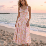 Pink Floral Print Halter Neck Corset Midi Dress