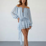Beige Off-Shoulder Balloon Sleeve Ruffled with Floral Sash Mini Dress
