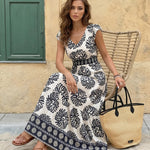 Blue Floral Print V-Neck Ruffle Sleeve Tiered Maxi Dress