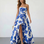 White Blue Floral Strapless Slim Fit Maxi Dress