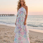 White Floral Print Halter Tiered Chiffon Maxi Dress
