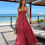Red Paisley Striped Halter V Metal Ring Maxi Dress
