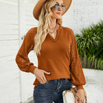Zeagoo V Neck Tops Solid Color Blouse Long Sleeve Pullover Lace Patchwork Shirt