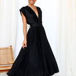 Elegant Satin Pleated V-neck Flowing Midi Dress