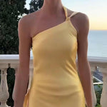 Elegant Slant Shoulder Solid Color Party Dress