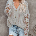 Zeagoo Long Sleeve Lace Cable Knit Sweater Open Front Cardigan Button Loose Shirts