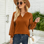 Zeagoo V Neck Tops Solid Color Blouse Long Sleeve Pullover Lace Patchwork Shirt