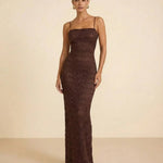Brown Lace Spaghetti Strap Bodycon Back Slit Maxi Dress