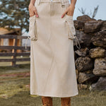 Zeagoo Women's Casual High Waist Denim Midi Skirt Drawstring Adjustable Long Jeans Skirt with Pockets
