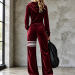 Burgundy Velvet Hooded Zipper Wide Leg Jumpsuit