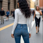 White Deep V-Neck Long Sleeve Slim Fit Casual Top
