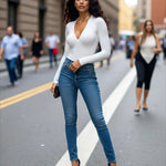 White Deep V-Neck Long Sleeve Slim Fit Casual Top