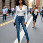 White Deep V-Neck Long Sleeve Slim Fit Casual Top