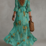 Grass Green Chiffon Irregular Ruffled Slit Maxi Dress