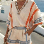 Isla Rafferty | Linen Striped V-Neck Top & Shorts Set For Women