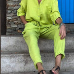 Casual Solid Color V-Neck Shirt & Pants Cotton Linen Two-Piece Set