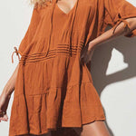Zeagoo Women's Cute Sweet Tie up V Neck Drawstring Short Sleeve Babydoll Dress Loose Tiered Ruffle Swing Tunic Mini Dress